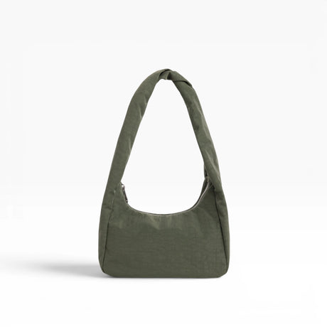 Small olive-green nylon hobo bag with structured sides and open interior