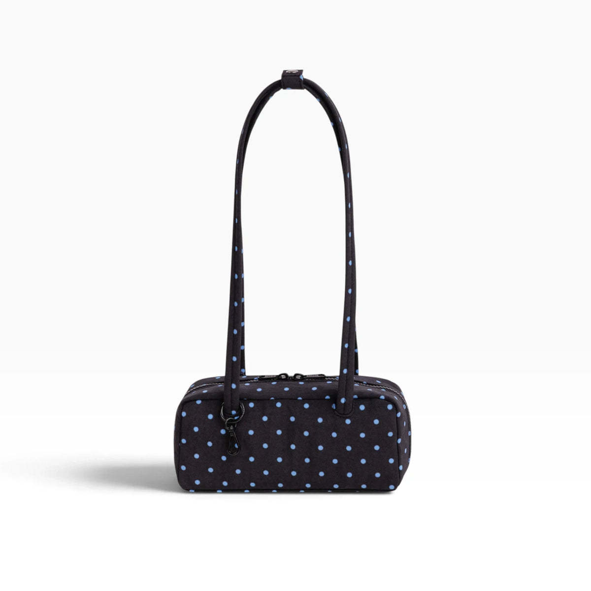 Small bowler bag in black with sky-blue micro dot pattern and top zip closure