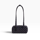 Small bowler bag in black with sky-blue micro dot pattern and top zip closure