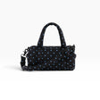 Black and sky blue micro dot small nylon duffle bag with top handles and crossbody strap