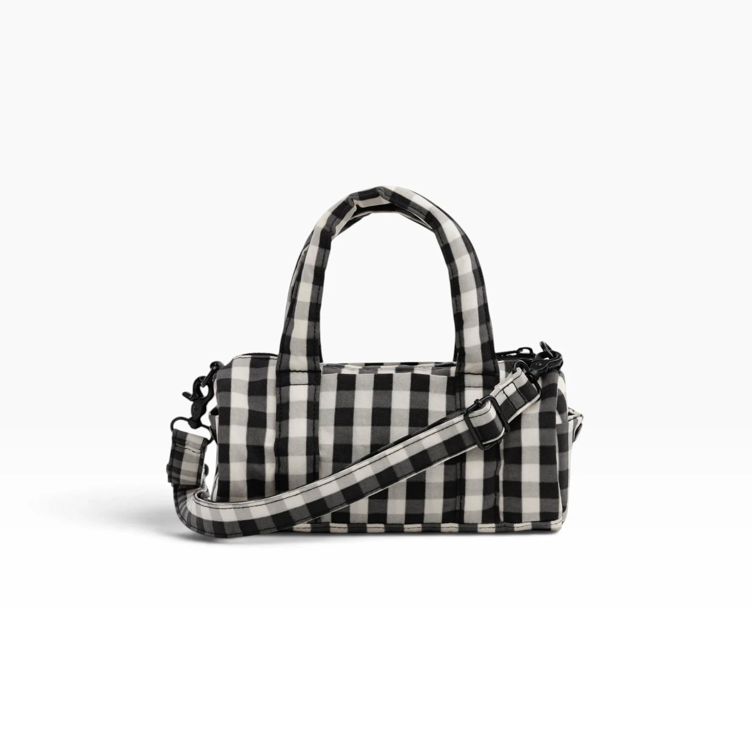 Small nylon duffle bag, black-and-cream gingham, top handle and side strap