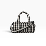 Small nylon duffle bag, black-and-cream gingham, top handle and side strap