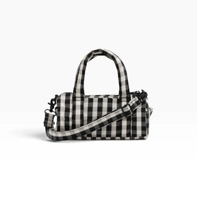 Small nylon duffle bag, black-and-cream gingham, top handle and side strap