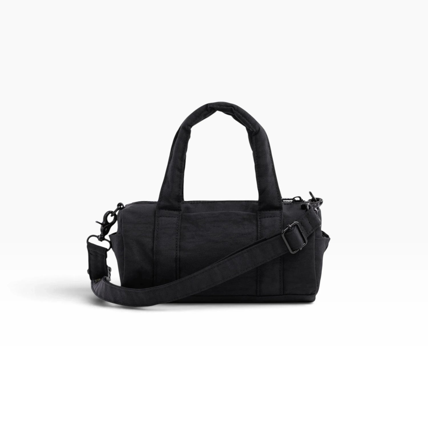 Black nylon small duffle bag with top handles, zip closure, and crossbody strap