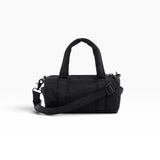 Black nylon small duffle bag with top handles, zip closure, and crossbody strap
