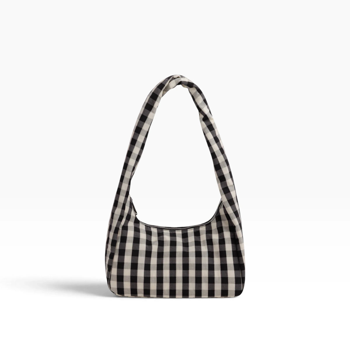 Small gingham nylon bag with curved top opening and black check pattern
