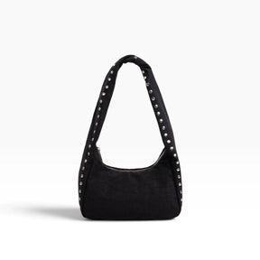 Small black nylon hobo bag with studded handle and open top