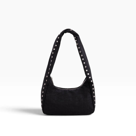 Small black nylon hobo bag with studded handle and open top