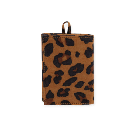 Folded brown picnic blanket with a black leopard print pattern, featuring a carrying loop. Made from recycled nylon and is machine washable for easy care, similar to the style of Baggu's Snap Wallet - Leopard.