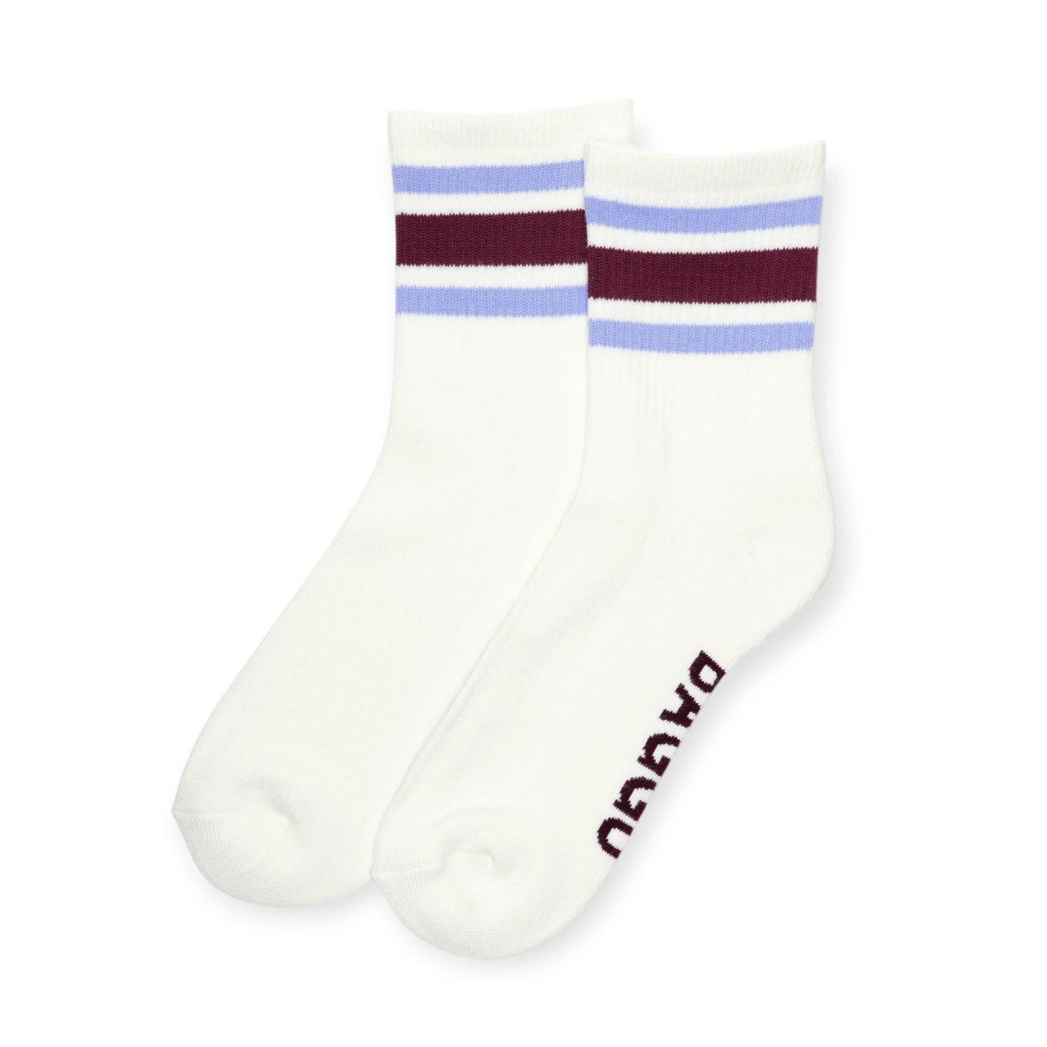 The Baggu Ribbed Sock - Ivory Stripe by Baggu features classic ribbing and two horizontal stripes—light blue and maroon—near the top, with "DAWOUD" in maroon on the sole, inspired by traditional striped sock designs.