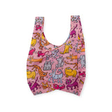 Featuring whimsical illustrations of cartoon cats in a variety of poses and colors, the pink reusable bag from the Keith Haring x Baggu Set of 3 Standard Bags is expertly crafted using recycled nylon.