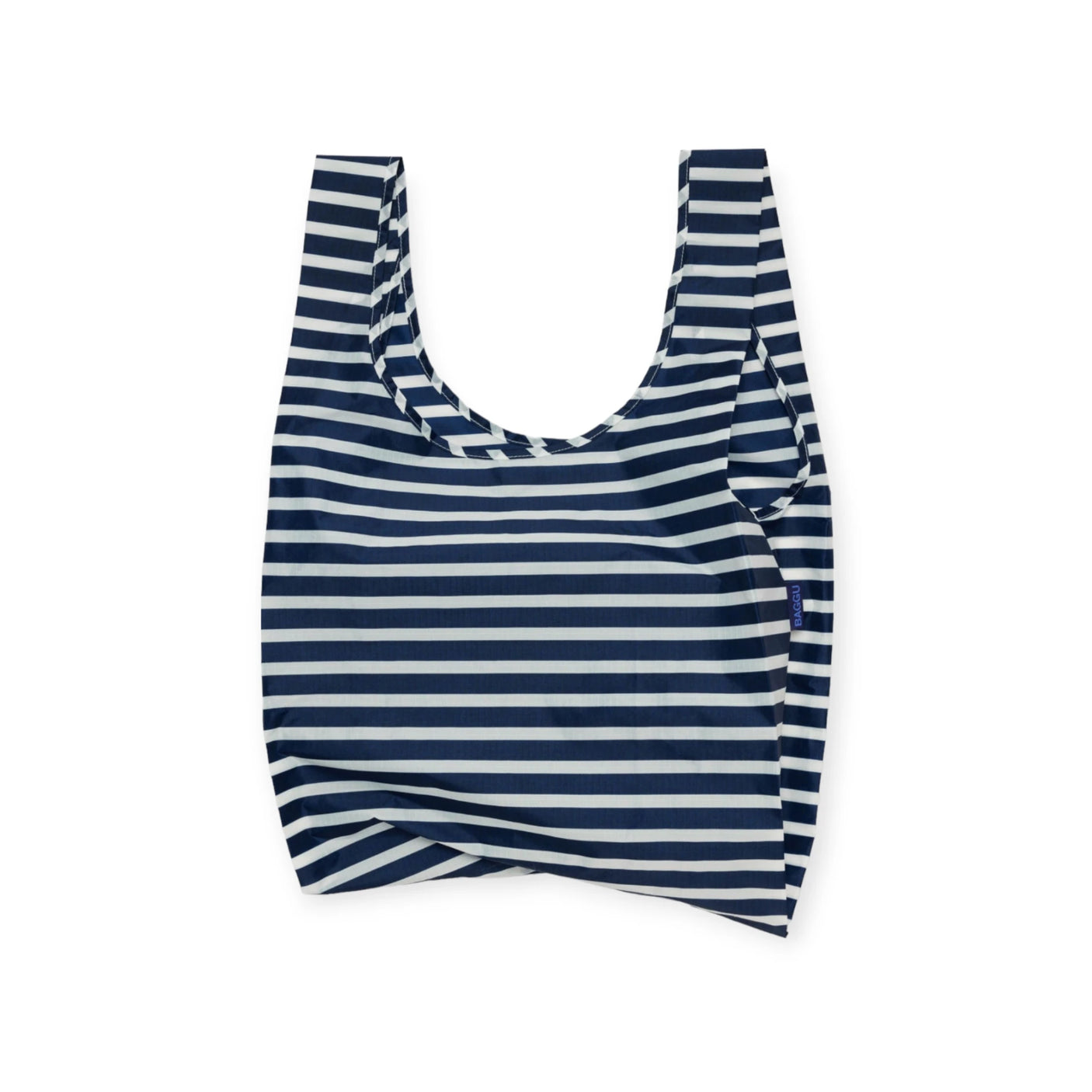 The Baggu Standard Reusable Bag - Navy Stripe, made from recycled nylon and showcasing a curved handle, is presented against a plain background.