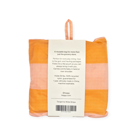 The Baggu Standard Reusable Bag - Tangerine Stripe, from the brand Baggu, features a stylish tangerine stripe pattern. Made from recycled nylon and designed for various uses, this eco-friendly bag can carry up to 50 lbs and is machine washable. Proudly made in China, it seamlessly blends style with sustainability.