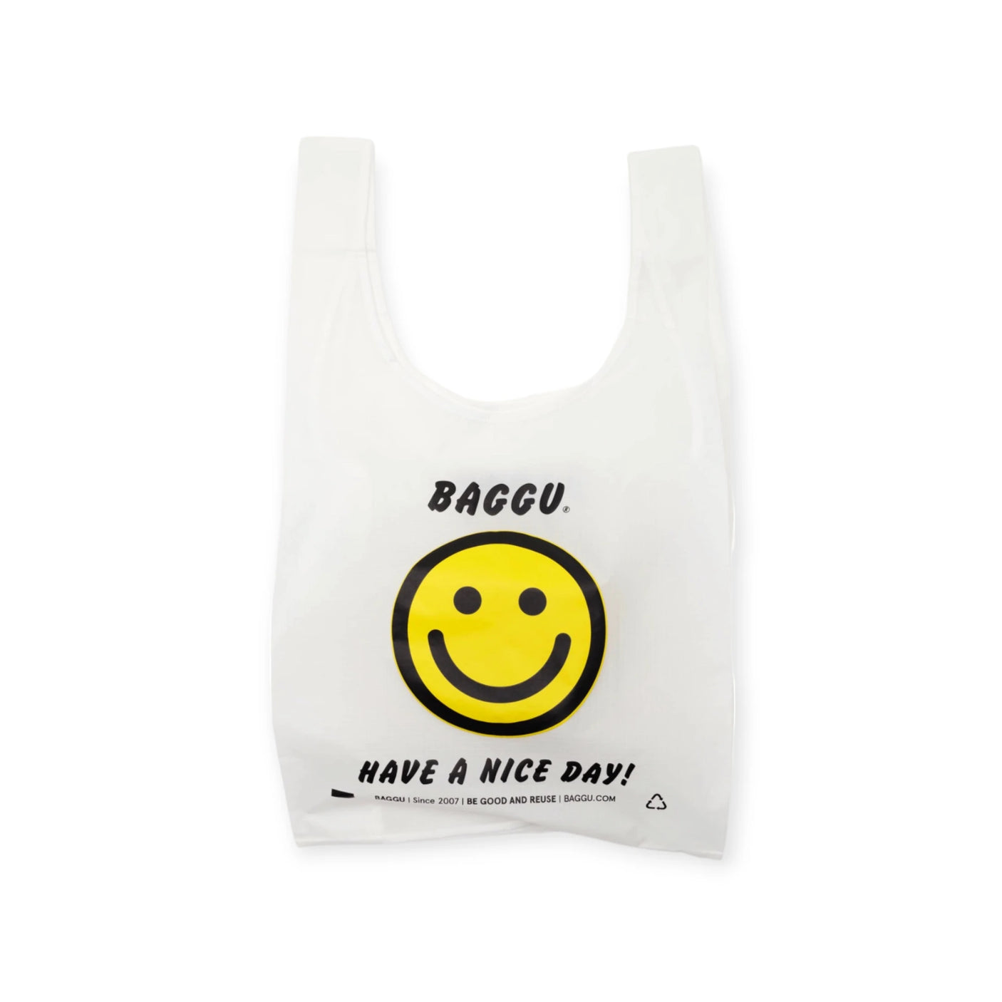 The Baggu Standard Reusable Bag - Thank You Happy, designed by Baggu, is a white shopping bag made from recycled nylon. It features the text "BAGGU. Have a nice day" and showcases a large yellow smiley face. Known for its large capacity, this eco-friendly bag is perfect for any outing.