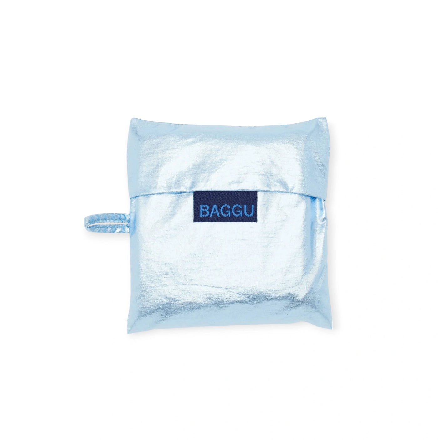 A Baggu Standard Reusable Bag in metallic light blue, made from recycled nylon, with a handy loop handle on the side.