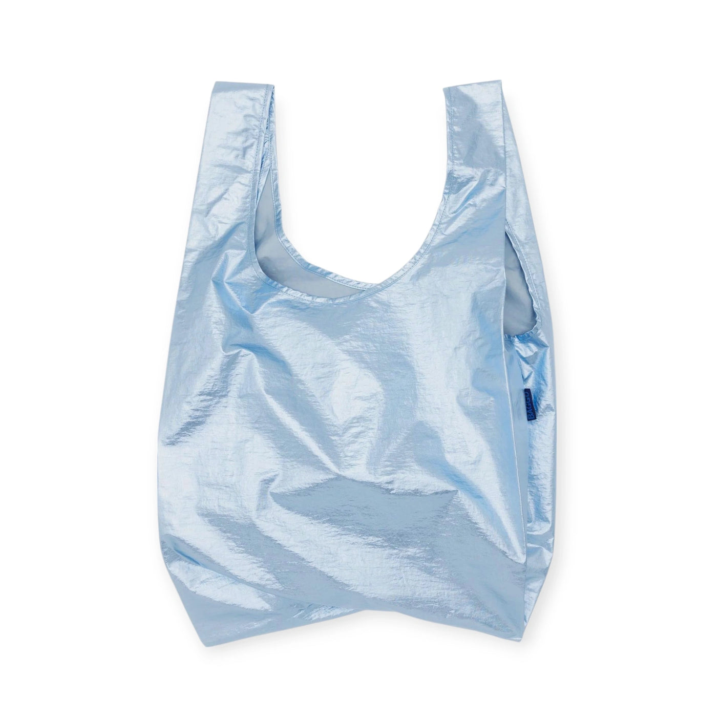 The Baggu Standard Reusable Bag in Metallic Light Blue, featuring a simple rectangular shape and sturdy handles, crafted from recycled nylon, is elegantly displayed against a plain white background.