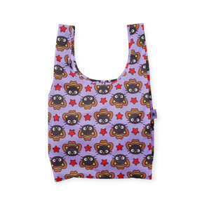 The Baggu Standard Baggu Bag x Chococat Western features a fun cartoon raccoon and star pattern on light purple—ideal for quirky style fans. Reusable, spacious, and designed by Baggu.