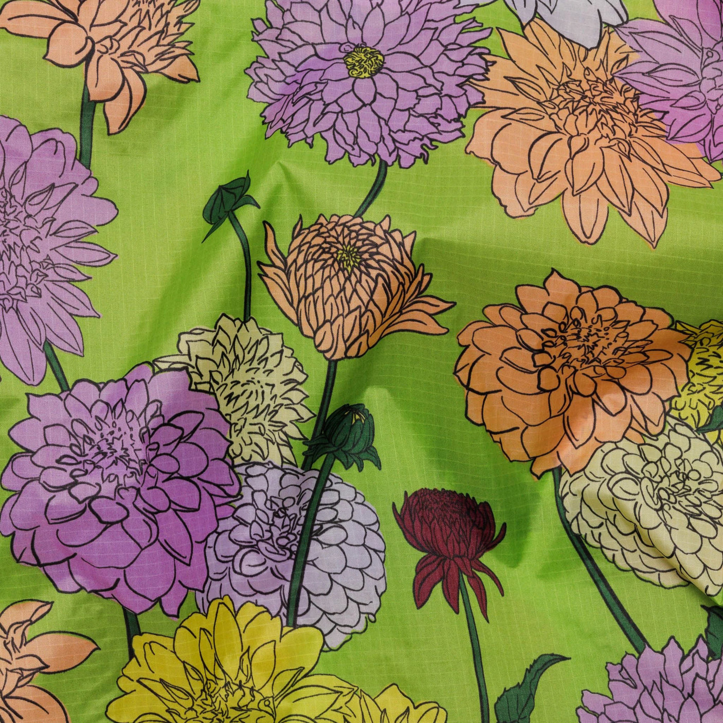 The Baggu Standard Reusable Bag - Dahlia by Baggu is a vibrant option crafted from recycled nylon, featuring a floral pattern with various colored flowers and green stems on a bright green background for a sustainable choice.