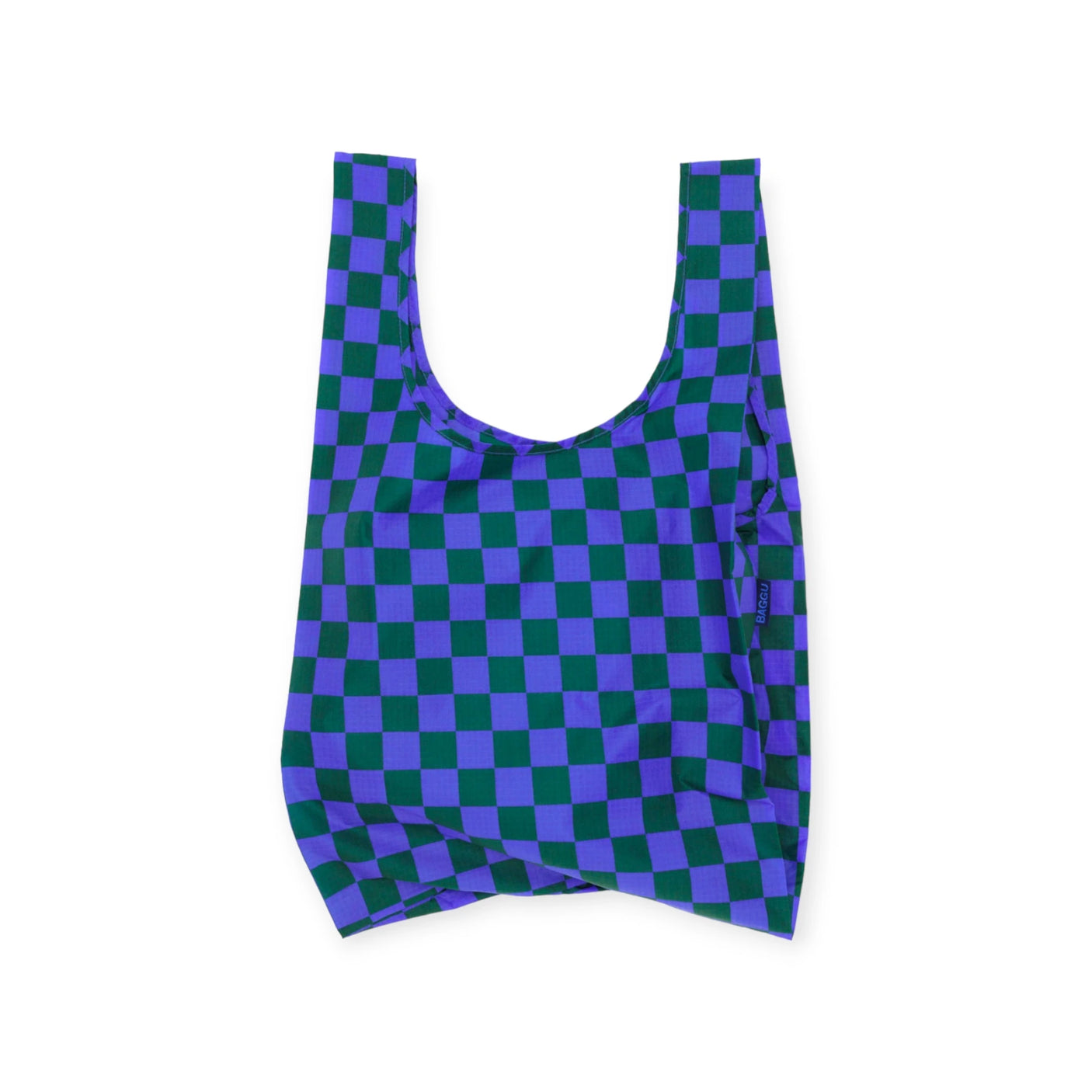 The Baggu Standard Reusable Bag - Iris Green Check by Baggu is crafted from recycled nylon and features a blue and green checkered pattern. Its soft texture and wide handles ensure comfort, while it is displayed against a plain white background.