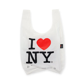 White reusable tote bag with I Heart NY graphic and red heart print