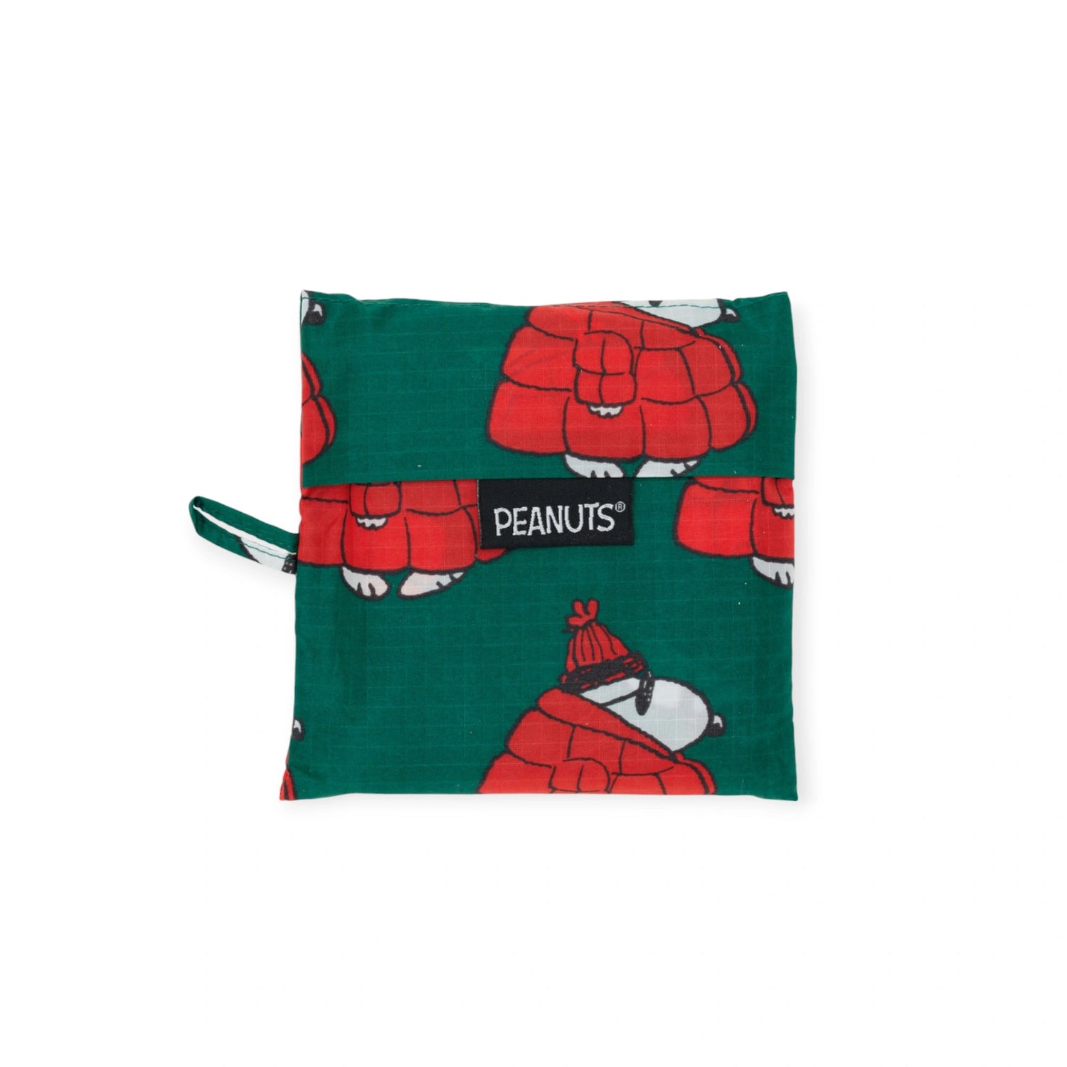 The Baggu Standard Reusable Bag - Puffer Snoopy Red from Baggu showcases a limited edition design featuring Snoopy in a red jacket and hat, with a "PEANUTS" label prominently displayed in the center.