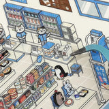 2.5D mini convenience store room sticker puzzle, close-up of shelves and characters