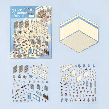 2.5D mini convenience store room sticker puzzle, flat parts and instruction sheets