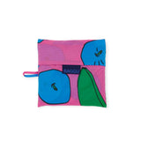 Introducing the Big Baggu Bag from Baggu, designed with a striking pink and blue fruit motif that beautifully displays pink apples, bananas, and green leaves. This eco-friendly tote sports a convenient small loop handle, making it a stylish and sustainable choice for fashion-forward individuals.