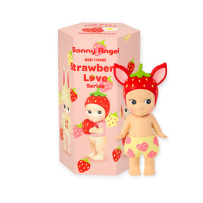 Sonny Angel Strawberry Love Blind Box - Limited Edition figure wearing strawberry hat with heart-patterned shorts by Sonny Angel