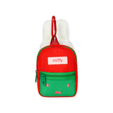 Mini backpack tote keychain in red and green with 'miffy' label and front zipper