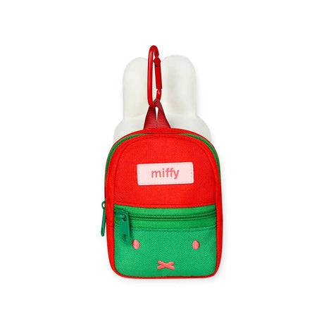 Mini backpack tote keychain in red and green with 'miffy' label and front zipper