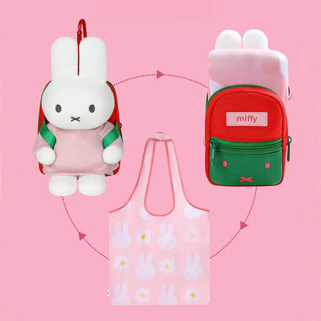 Plush bunny keychain, mini red-and-green backpack, and pink patterned tote bag set