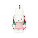 Plush bunny backpack keychain with pink body, green straps, and red zipper pull