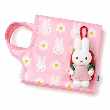 Pink bunny print tote bag with plush bunny keychain accessory