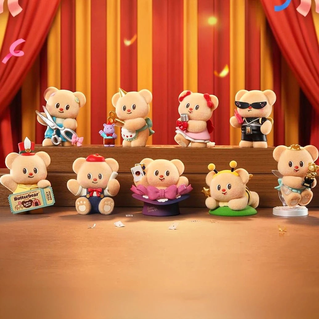 Butterbear blind box figure set: multiple plush bears in varied outfits and poses