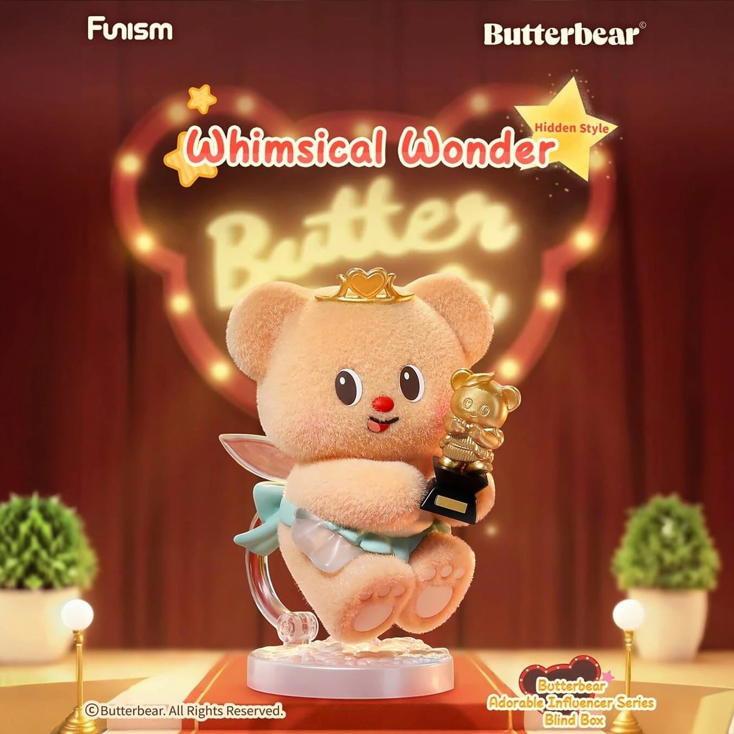 Butterbear blind box figure: plush bear holding a gold trophy on a clear round base