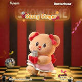 Butterbear blind box figure: plush bear with red bows, holding a silver microphone