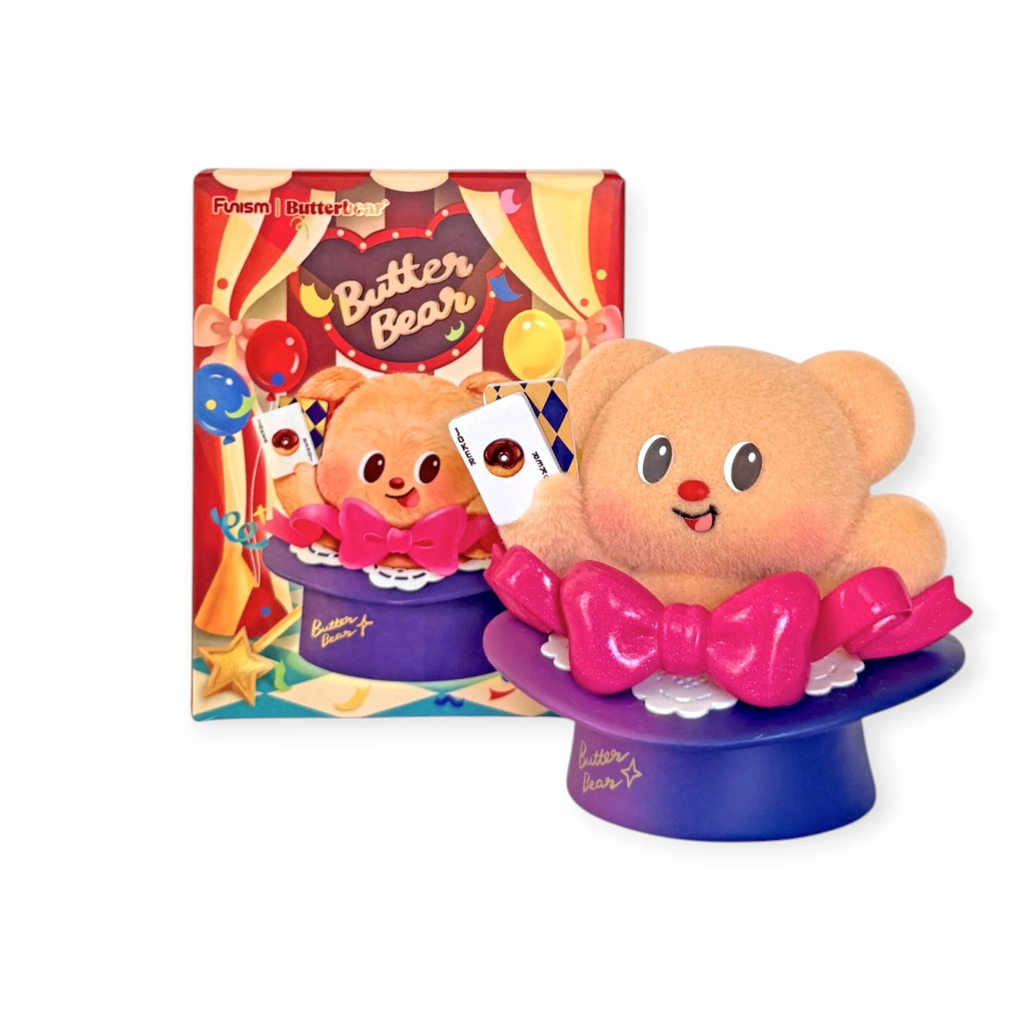 Butterbear Blind Box - Adorable Influencer figure with pink bow on purple base, colorful party background by Butterbear.