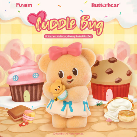 Plush bear with pink bow holding small bear doll surrounded by cupcake and dessert-shaped houses in pastel setting