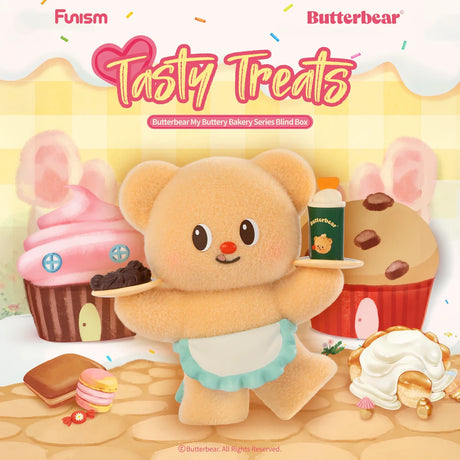 Fluffy bear figurine wearing blue apron holding tray with drink and chocolate treat in whimsical dessert house setting