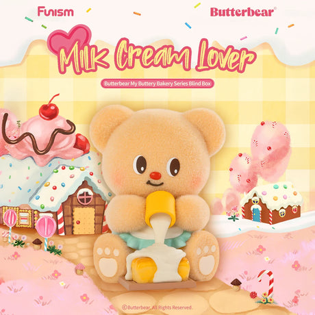 Charming bear figurine pouring milk cream with cupcake and candy-themed gingerbread houses in pastel landscape