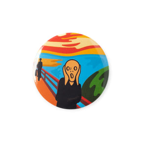 The Today Is Art Day Button Badge Art features Edvard Munch's The Scream, showcasing a stylized figure holding their face with vibrant sky and bridge details.