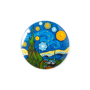 Vincent van Gogh Starry Night button badge, round blue artwork with stars and village