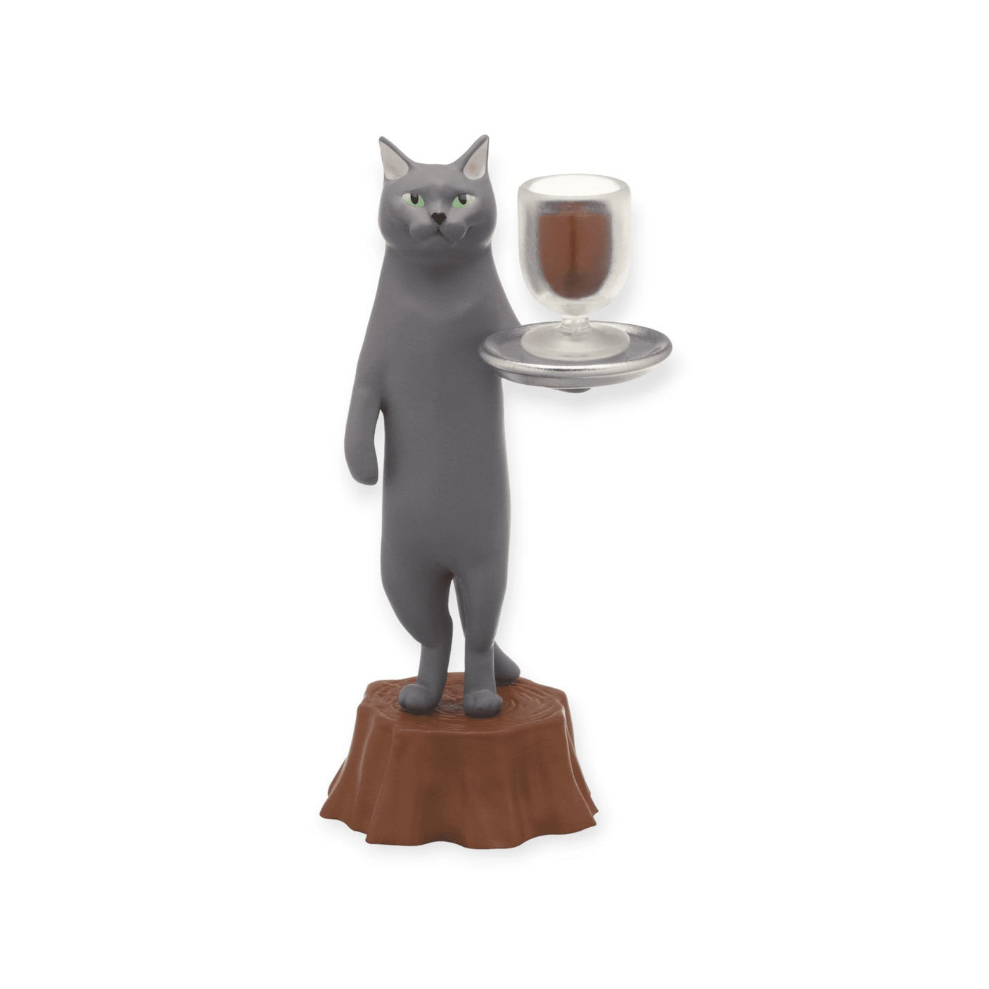 A gray figurine from the Mofusand Cat Cafe Waiter Blind Box collection stands upright on a tree stump, elegantly holding a tray with a clear glass cup.