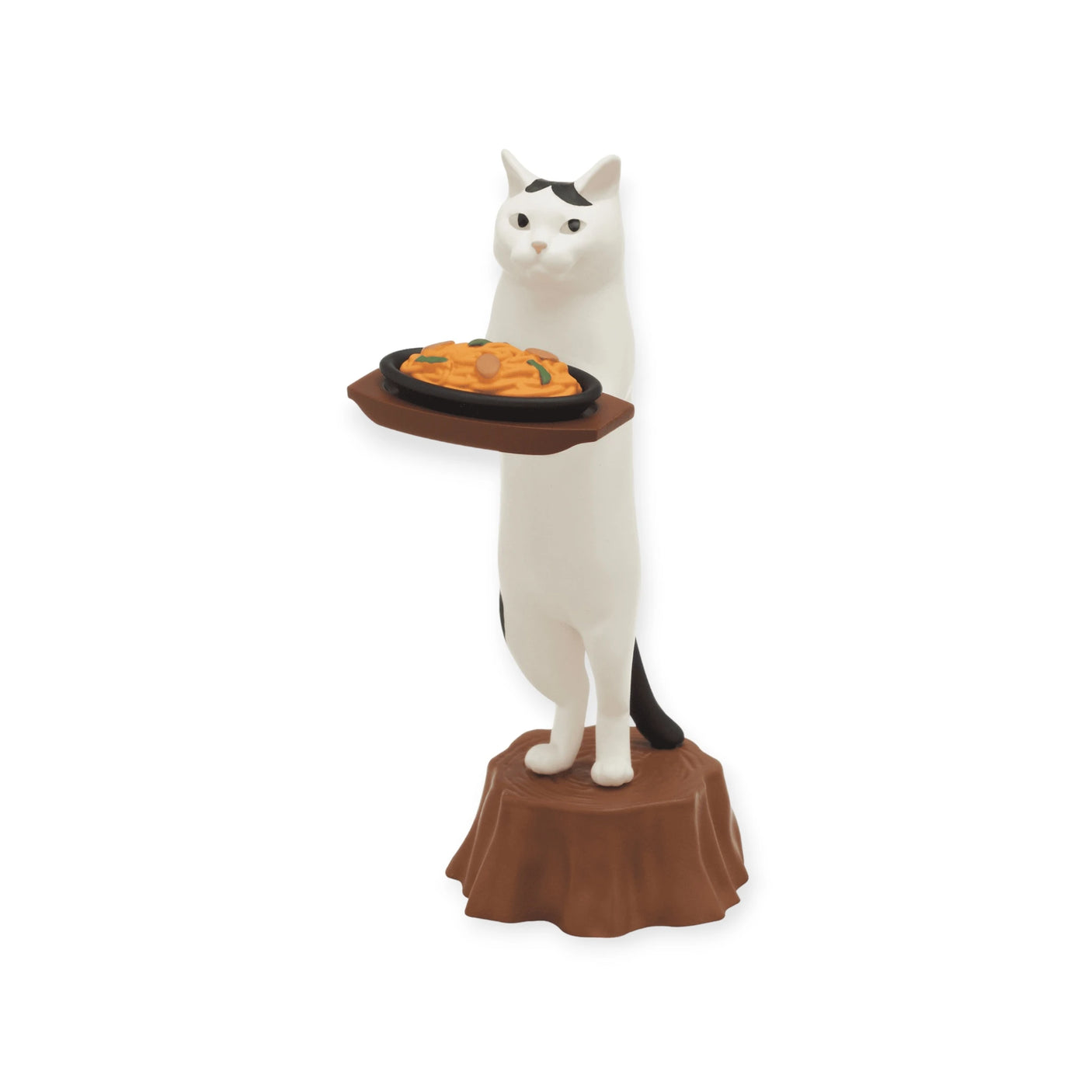 A sculpture from the Mofusand Cat Cafe Waiter Blind Box series features a white and black cat standing upright on a tree stump, presenting a tray with a surprise treat.