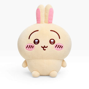 Cute beige plush rabbit with pink cheeks, long ears, and smiling face