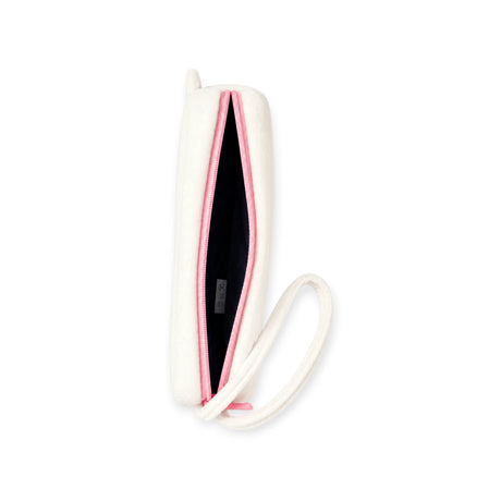Plush zipper case open view showing dark interior and pink zipper, cream