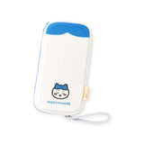 Hachiware zipper case with strap, white pouch with blue cat design and “HACHIWARE” tag