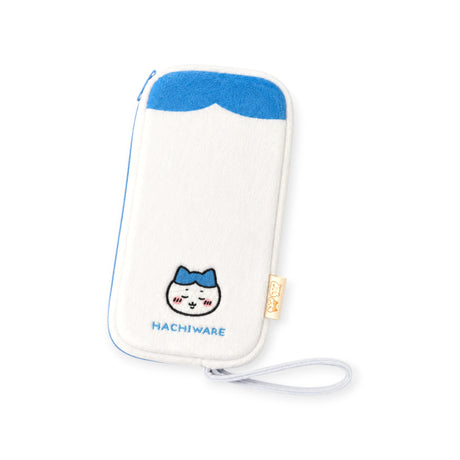 Zipper case with strap, white fabric with blue cat logo and Hachiware label