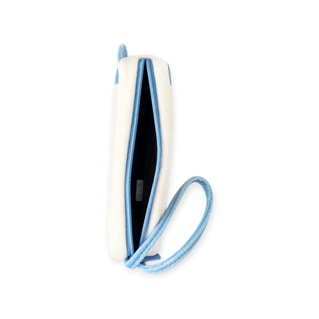 Zipper case with strap, open top with blue zipper track and dark interior